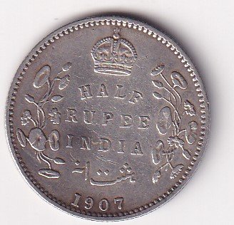 India - British Β½ Rupee 1907 - Edward VII Rare Silver Coin #V-420