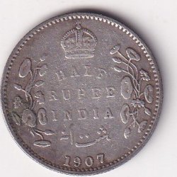 India - British ½ Rupee 1907 - Edward VII Rare Silver Coin #V-422