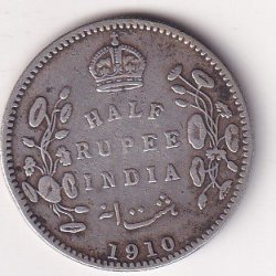 India - British ½ Rupee 1910 - Edward VII Rare Silver Coin #V-423