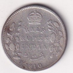 India - British  ½ Rupee 1910 - Edward VII Rare Silver Coin #V-424