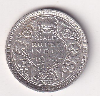 India - British ½ Rupee 1943 - George VI Rare Silver Coin #V-432
