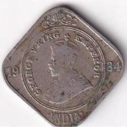 BRITISH INDIA TWO ANNA 1934 GEORGE V RARE COIN #I-109