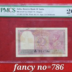 786 Fancy Number 2 RUPEES George Governor Six - C.D.Deshmukh with PMCS (Grad 25 ) Rare note