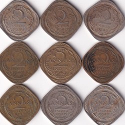 BRITISH INDIA 1939-1947 TWO ANNA GEORGE VI COMPLETE DATES 9 PCS SET #I-156