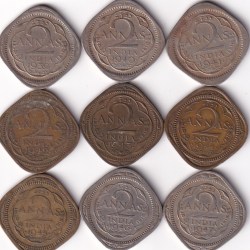 BRITISH INDIA 1939-1947 TWO ANNA GEORGE VI COMPLETE DATES 9 PCS SET #I-157