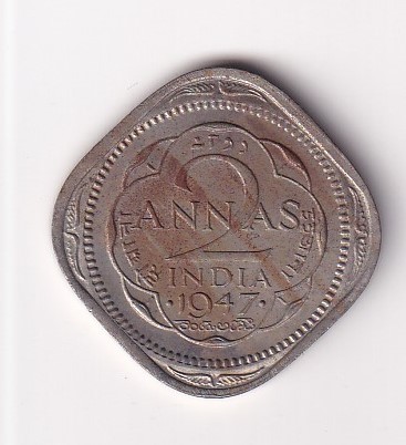 1947 BRITISH - INDIA TWO ANNA (GEORGE VI) ALMOST UNC CONDITION RARE COIN #I-204