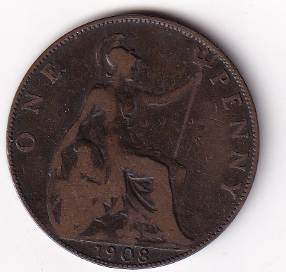 United Kingdom 1 Penny 1908 Edward VII Rare Coin #I-185