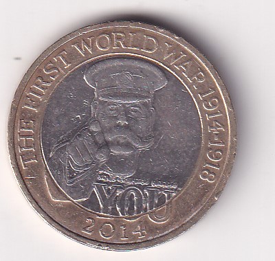 United Kingdom 2 Pounds 2014 - Elizabeth II 4th portrait; World War I Commemorative issue Rare Bimetallic Coin #I-236