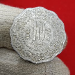 Ten Paise Rare Aluminium Coin 1974 Year Hyderabad Mint Good Condition Republic of India