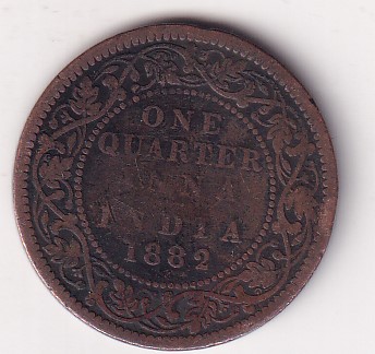 India - British ¼ Anna 1882 - Victoria "VICTORIA EMPRESS" Rare Coin # D - 9