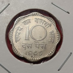 Alternative view of Ex Rare Ten Paise Copper Nickel Coin 1965 Year Hyderabad Mint Gem Bunc Condition