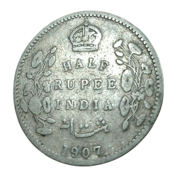 British India Silver 1/2 HALF RUPEE Year 1907 King EDWARD-VII **SCARE** Collectable Grade.