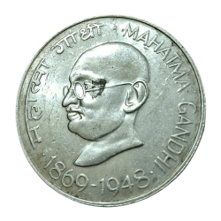 Alternative view of REPUBLIC INDIA Silver TEN RUPEES Year 1969 COMMEMORATIVE Issue GANDHI Bombay Mint in High Collectable Grade.