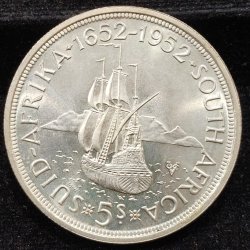 South Africa 5 Shillings 1952 - George VI 300 Years of Cape Town Rare Silver UNC Coin