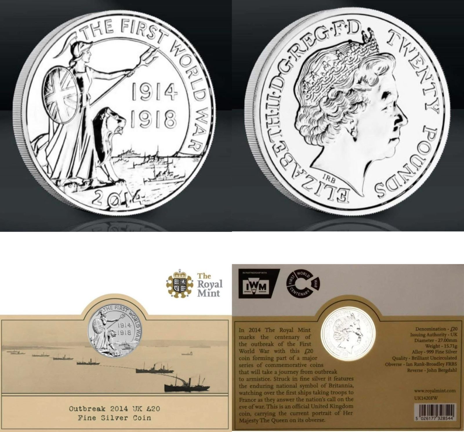 United Kingdom 20 Pounds 2014 - Elizabeth II World War I Commemorative issue Royal Mint Issue Rare Silver (Weight 15.71 g)