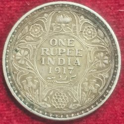 BRITISH INDIA 1 RUPEES GEORGE V 1917 RARE SILVER COIN #V-303