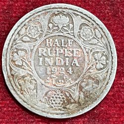 BRITISH INDIA 1/2 RUPEES -GEORGE V 1924 RARE SILVER COIN #V-315