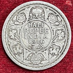 BRITISH INDIA 1/2 RUPEES -GEORGE V 1916 RARE SILVER COIN #V-318