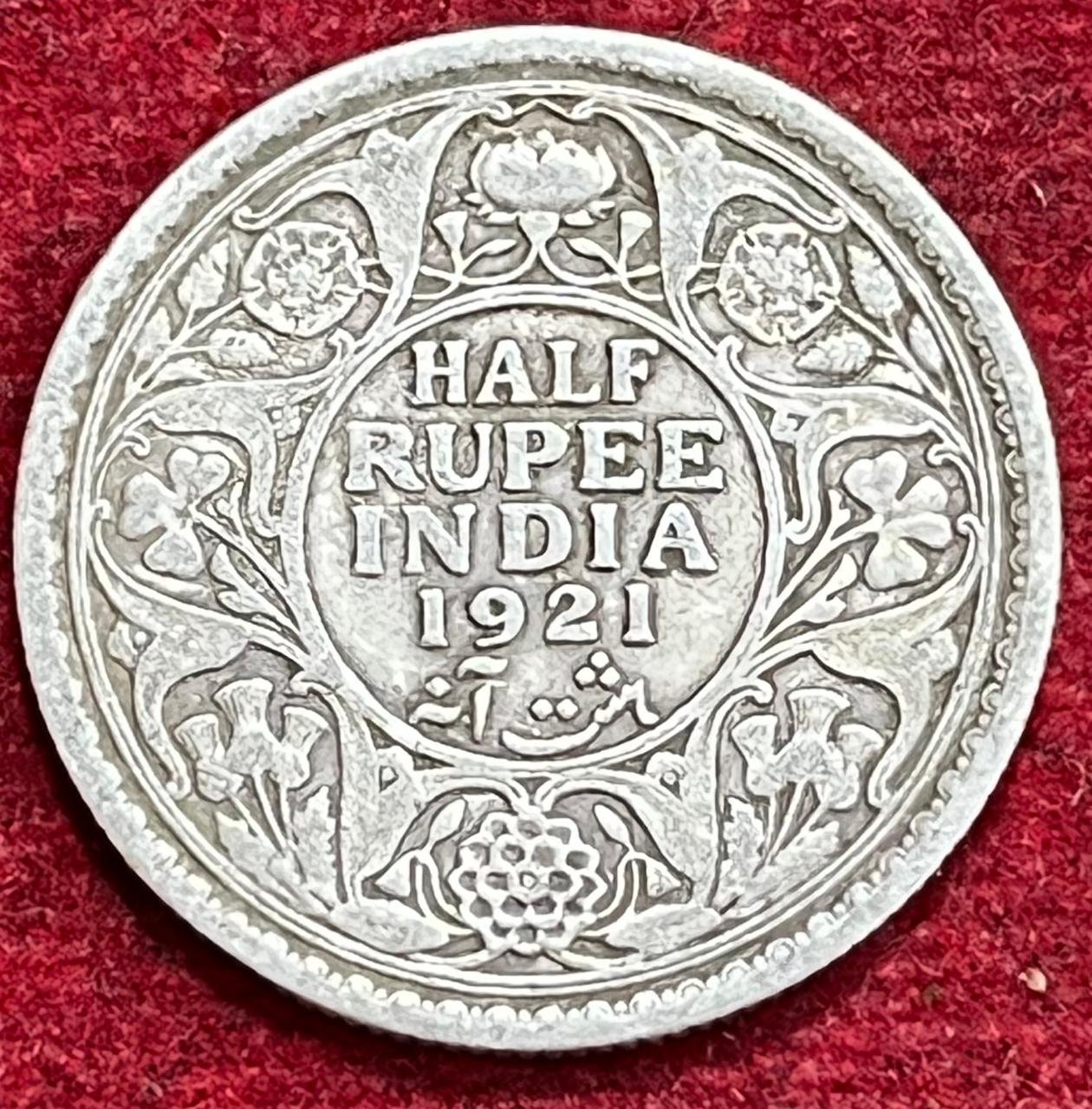 BRITISH INDIA 1/2 RUPEES -GEORGE V 1921 RARE SILVER COIN #V-320