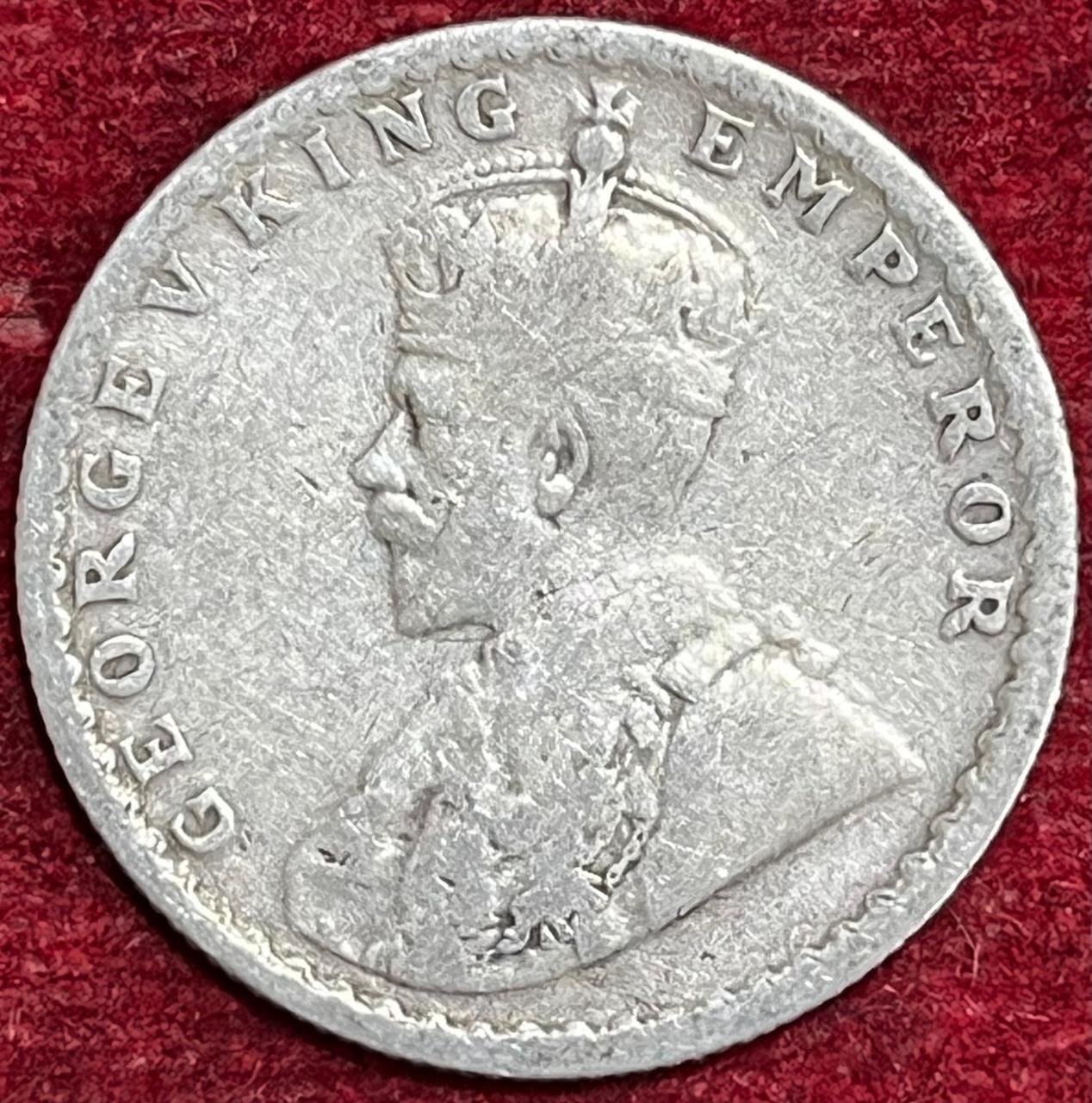 BRITISH INDIA 1/2 RUPEES -GEORGE V 1918 RARE SILVER COIN #V-326