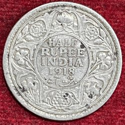 BRITISH INDIA 1/2 RUPEES -GEORGE V 1918 RARE SILVER COIN #V-327