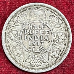 BRITISH INDIA 1/2 RUPEES -GEORGE V 1917 RARE SILVER COIN #V-328