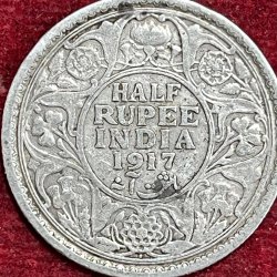 BRITISH INDIA 1/2 RUPEES -GEORGE V 1917 RARE SILVER COIN #V-329