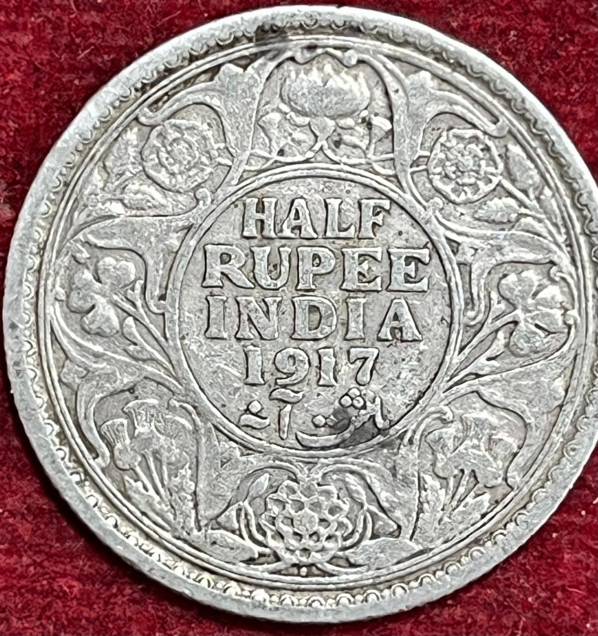 BRITISH INDIA 1/2 RUPEES -GEORGE V 1917 RARE SILVER COIN #V-329