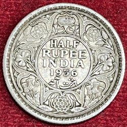 BRITISH INDIA 1/2 RUPEES -GEORGE V 1936 RARE SILVER COIN #V-331