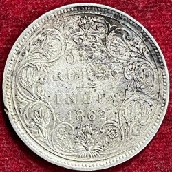 BRITISH INDIA VICTORIA ONE RUPEES 1862 RARE SILVER COIN #V-336