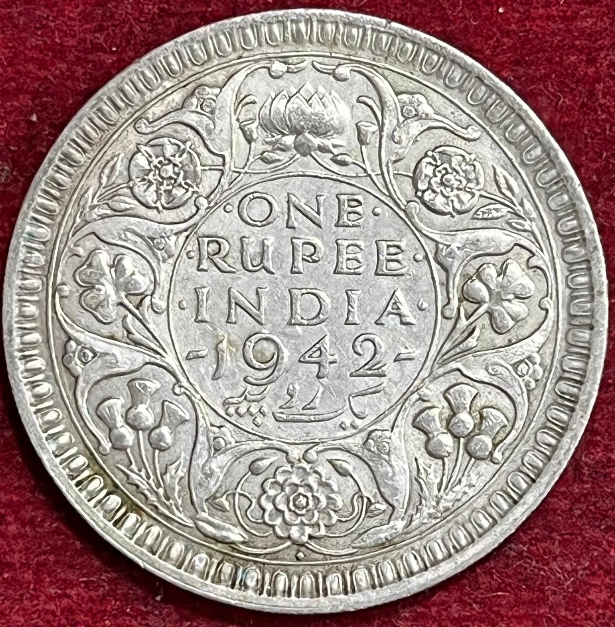 BRITISH INDIA 1 RUPEES GEORGE VI 1942 RARE SILVER COIN #V-344
