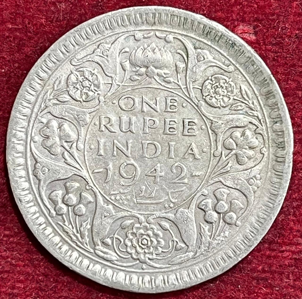 BRITSH INDIA 1 RUPEES GEORGE VI 1942 RARE SILVER COIN #V-347
