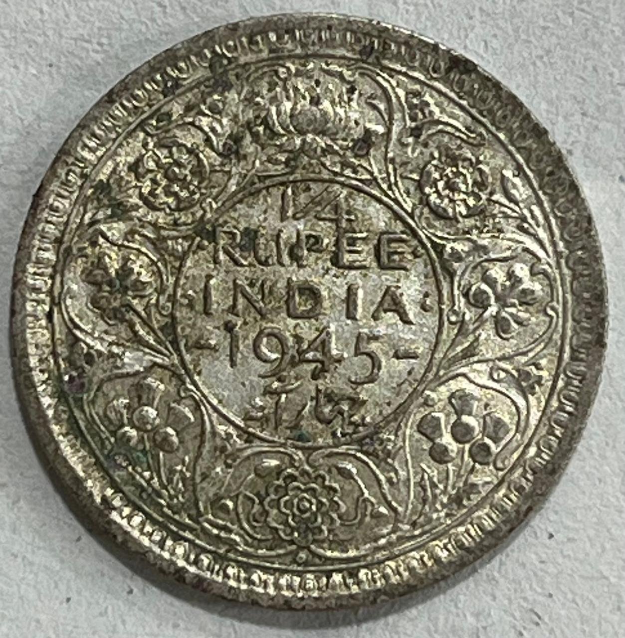 BRITISH INDIA 1/4 RUPEES 1945 large 5GEORGE VI RARE SILVER COIN #V-353