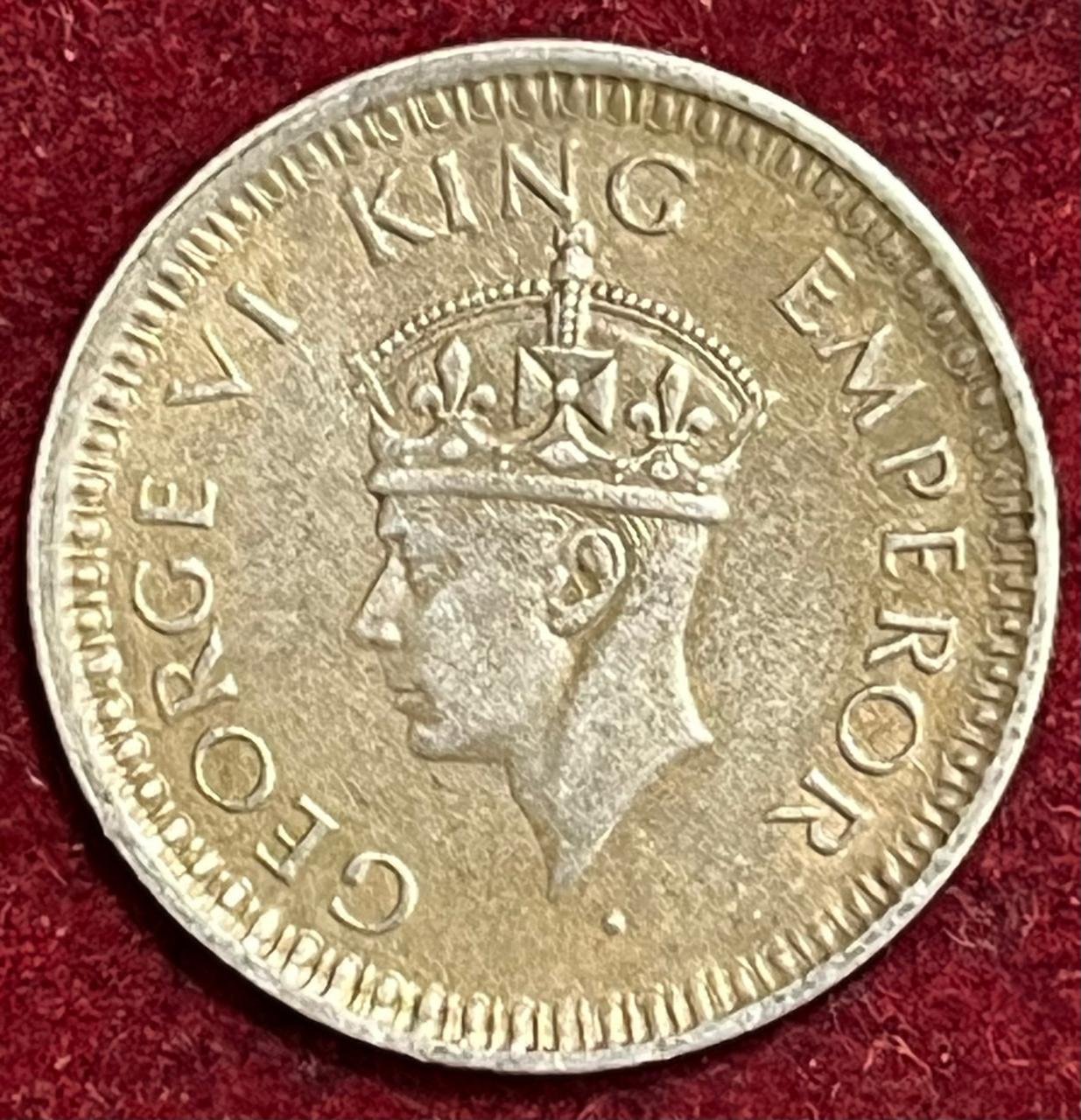 BRITISH INDIA 1/4 RUPEES 1945 large 5 GEORGE VI RARE SILVER COIN #V-356