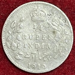 BRITISH INDIA 1/4 RUPEES 1910 RARE SILVER COIN #V-360