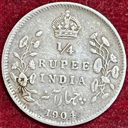BRITISH INDIA 1/4 RUPEES 1904 RARE SILVER COIN #V-362