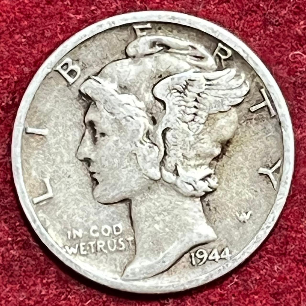 UNITED STATES 1 DIME 1944 MERCURY DIME RARE SILVER COIN #V-377