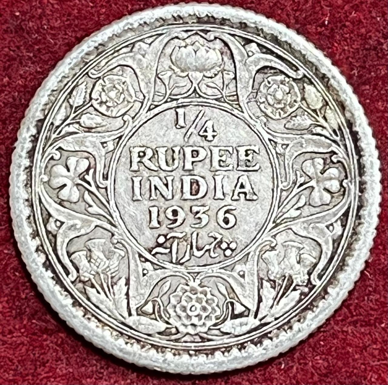 BRITISH INDIA 1/4 GEORGE V 1936 RARE SILVER COIN #V-386