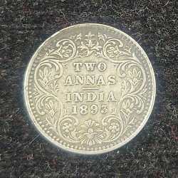 British India Two Anna -1893 Victoria Rare High Grade Coin #I-137