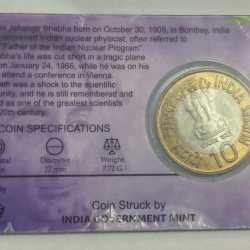 Alternative view of 10 Rs (HOMI BHABHA BIRTH CENTENARY YEAR) COMMEMORATIVE ISSUE RARE COIN CARD SPECIAL EDITION