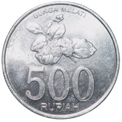 Aluminium 500 Rupiah of Indonesia (AD 2003) with Jasmine flower (Jasminum sambac), the National Flower of Indonesia