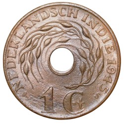 Bronze 1 Cent of Indonesia - Nederland East India (AD 1945) with Lotus Flower Ring Type Rare