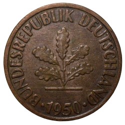Brass 10 Pfennig of Germany (AD 1950) with Oak Sapling