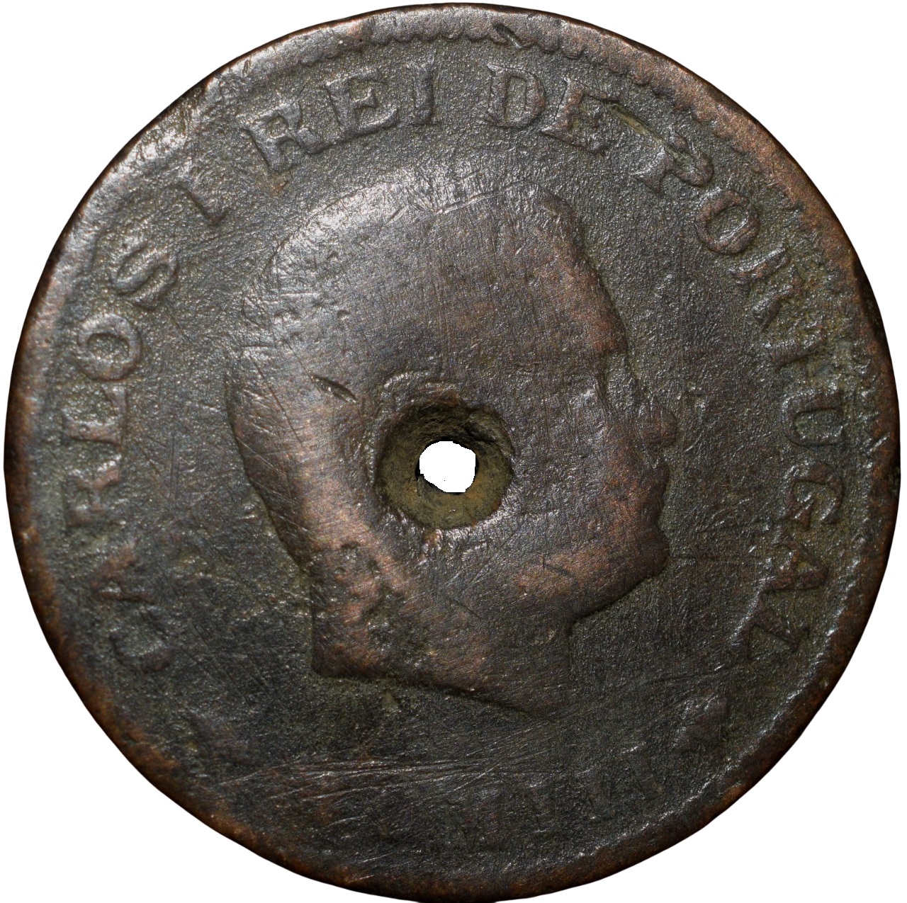 Holed Copper 1/4 Tanga of Carlos I(AD 1903) of Indo-Portugal KM15