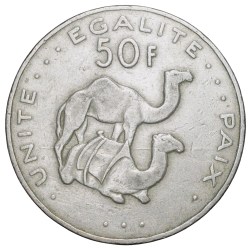 Copper-Nickel 50 Francs of Djibouti (AD 2010) with Two Camels facing right