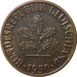 Brass 5 Pfennig of Germany (AD 1950) with Oak Sapling