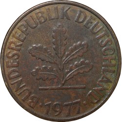 Brass 10 Pfennig of Germany (AD 1977) with Oak Sapling