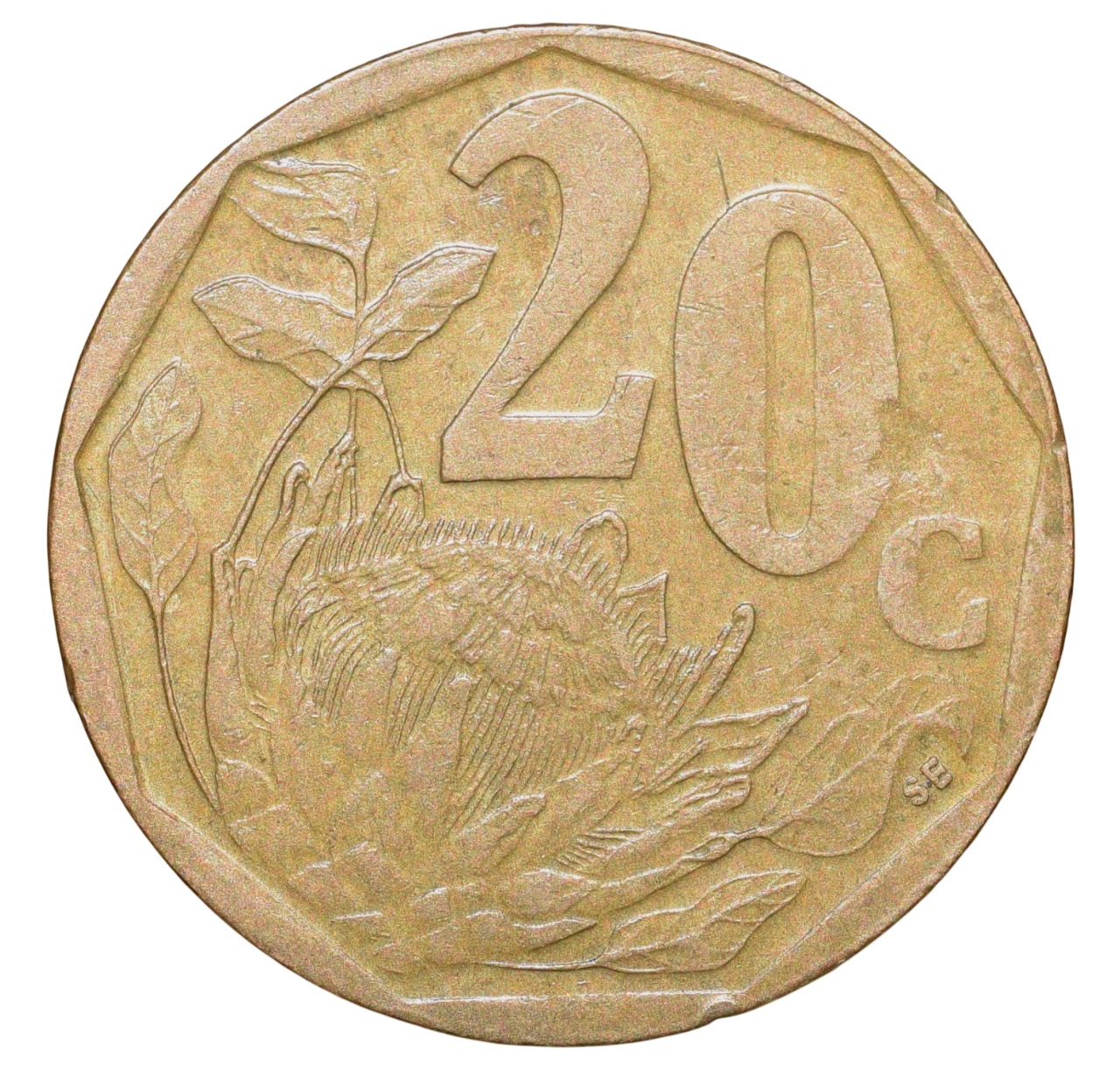 Aluminium-Brass 20 Cents of South Africa (AD 1997) with Protea flower within sprigs - Image 2