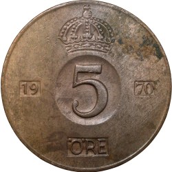 Alternative view of Bronze 5 Ore of Gustaf VI (AD 1970) of Sweden