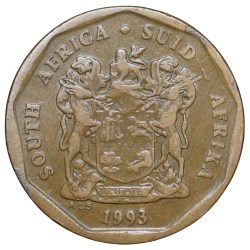 Aluminium-Brass 20 Cents of South Africa (AD 1993) with Protea flower within sprigs